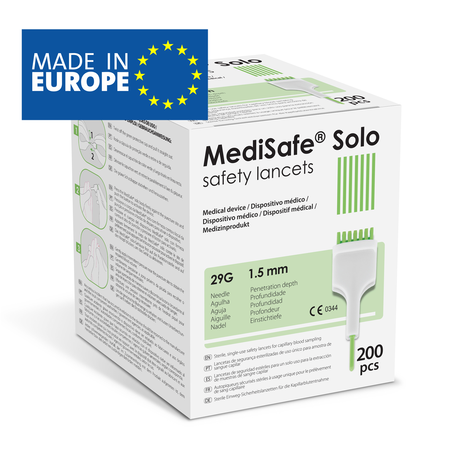 MediSafe Solo Ланцети безпечні стерильні одноразового використання, Кінчик голки 29G, Глибина проникнення 1,5 мм, HTL STREFA, Польща.